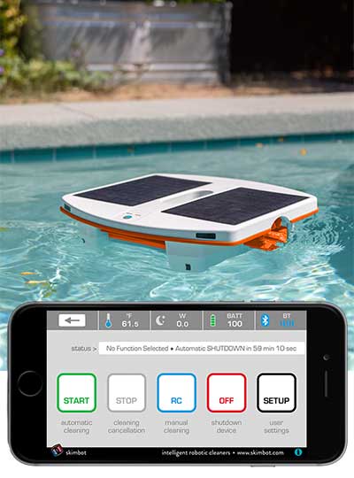 app screen overlaid on top of photo of skimbot in pool